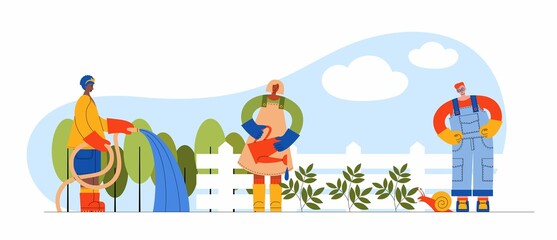 Banner with male and female characters gardener and farmer working. People watering garden with hose and can, snail eating the plant. Flat cartoon vector illustration organic farm and tools