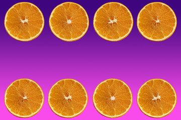 set with juicy slices of orange, lemon, lime on a white background for a menu or recipe, concept of vegetarian, vitamin, healthy food, background, pattern for textile, wallpaper, purple, copy space