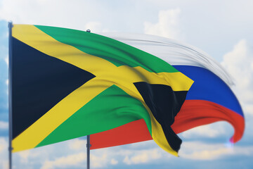 Waving Russian flag and flag of Jamaica. Closeup view, 3D illustration.