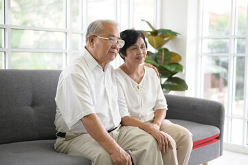 Elderly Asian couple watching television sitting on a sofa