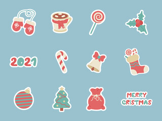 Big set of Christmas, New Year holiday decoration elements vector illustration on background. New Year stickers.