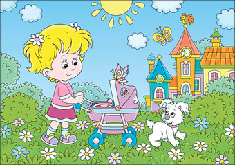 Obraz na płótnie Canvas Little girl walking with her toy baby buggy and a small puppy in a park of a town on a sunny summer day, vector cartoon illustration