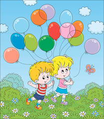 Children walking with colorful balloons in a park on a sunny summer day, vector cartoon illustration