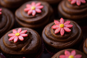 chocolate cupcakes with pink fondant flower decoration