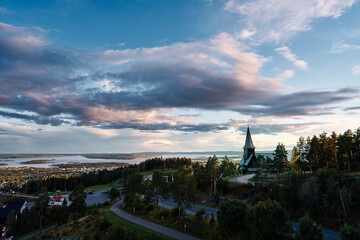 Fototapeta premium View over Oslo, Norway, Shot from Holmenkollen with a fantastic view. Sunset and golden hour