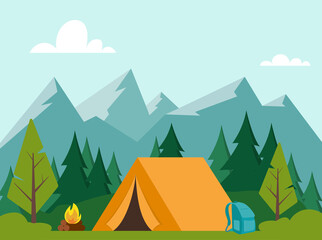 Summer Camping day in mountains. Mountains, trees, tent and campfire. Banner, poster for Climbing, hiking, trakking sports. Vector illustration.