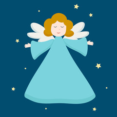 Christmas cute angel. Blue angel figure isolated on dark blue background. Portrait view of flying angelic character in blue clothes, kid with wings. Vector design for greeting cards and invitations.