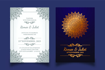 Fototapeta na wymiar wedding invitation card design. double sided folding types with floral mandala vector