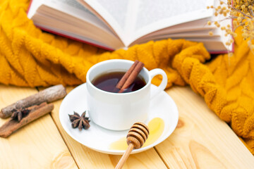 Fototapeta na wymiar aromatic hot cinnamon tea covered with a warm scarf on a wooden autumn background. honey dipper with honey. comfortable reading a book