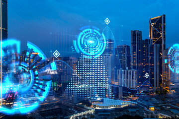 Abstract technology icons, night aerial panoramic cityscape of Kuala Lumpur, Malaysia, Asia. The concept of innovative approach to optimize international business process. Double exposure.