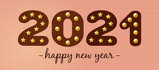 retro signboard 2021 on a brick wall. Happy New Year night show. Vector, illustration