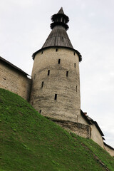 The middle tower with wooden roof of Pskov kremlin (krom) medieval fortress, famous landmark of...