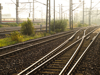 Railroad, tracks and train. City landscape with railway in the fog. Morning light in Berlin