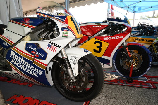 Imola, 21 April 2018: Honda NSR 500 of legendary driver Freddie Spencer at Motor Legend Festival 2018 at Imola Circuit in Italy.