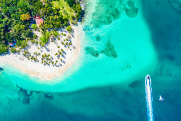 Aerial drone view of beautiful caribbean tropical island Cayo Levantado beach with palms and boats. Bacardi Island, Dominican Republic. Vacation background.