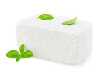 feta cheese with basil isolated on white background. Clipping path and full depth of field