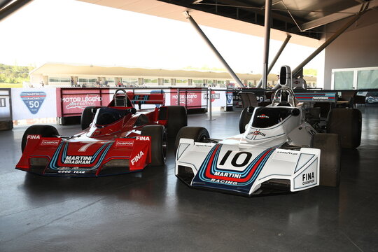 21 April 2018: Historic F1 Cars Brabham BT44 and BT45 sponsorized by Martini Racing exposed at Motor Legend Festival 2018 at Imola Circuit in Italy.
