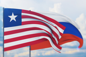 Fototapeta na wymiar Waving Russian flag and flag of Liberia. Closeup view, 3D illustration.