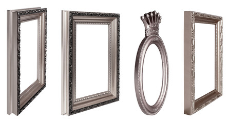 Silver frame for paintings, mirrors or photo in perspective view isolated on white background. Design element with clipping path