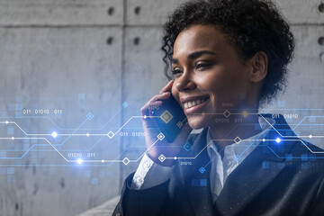 Businesswoman talking phone and binary technology hologram. Double exposure. Security network...