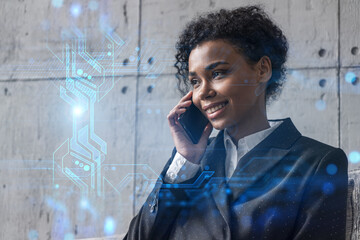 Businesswoman talking phone and binary technology hologram. Double exposure. Security network...