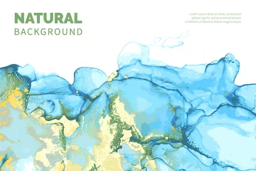 Luxuriöse himmelblaue, grüne, goldene Steinmarmorstruktur. Abstrakter Vektorhintergrund der Alkoholtintentechnik. Moderne Farbe in natürlichen Farben mit Glitzer. Vorlage für Banner, Posterdesign. Flüssige Kunstmalerei © Kusandra