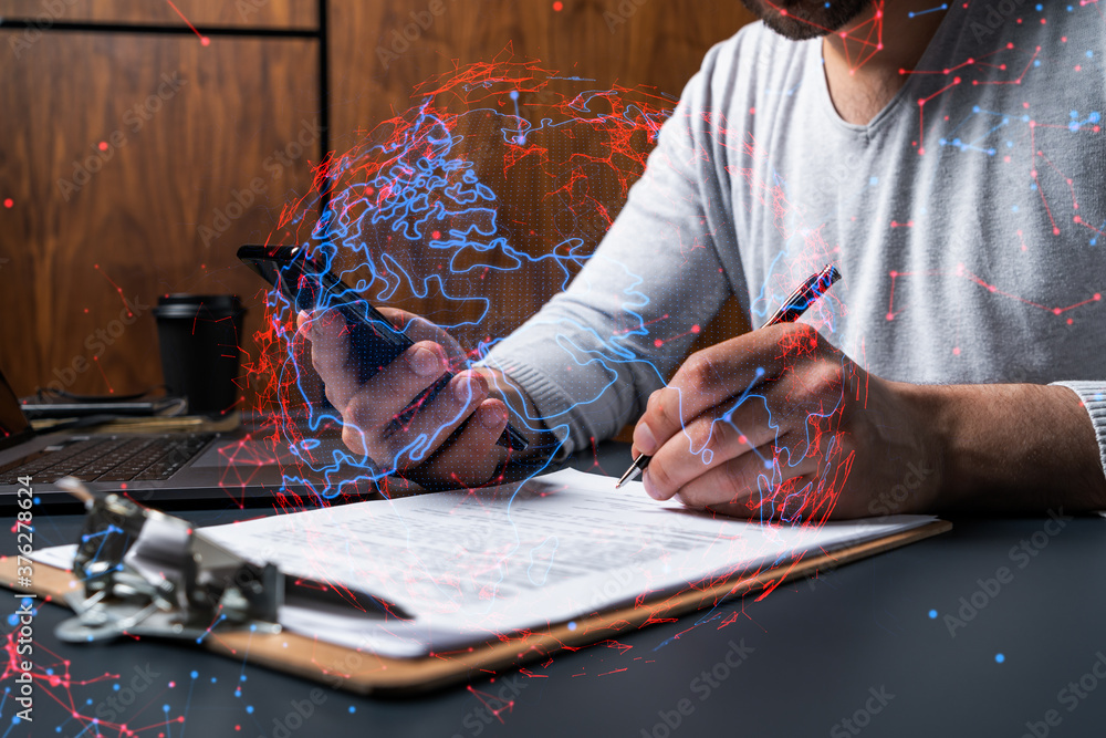 Poster double exposure of man signing contract with phone and world map network hologram. concept of intern