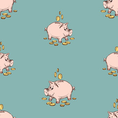 Seamless pattern of sketches funny piggy banks with coins