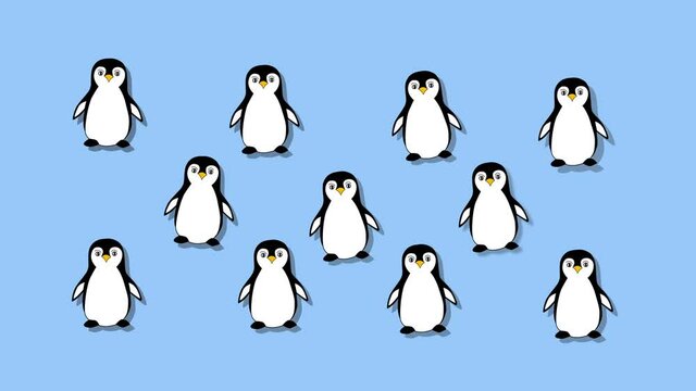 Dancing jumping penguins animation. Funny blue hand drawn background.