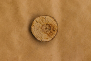 Fototapeta na wymiar A section of the tree trunk lies on two types of Kraft paper. Eco-friendly packaging.