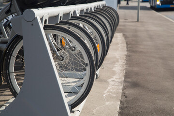 Fototapeta premium Paid Bicycle Parking in the city.Eco transport in the city.