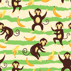 cute characters monkey food vector seamless pattern on white background. Concept for wallpapers, wrapping paper cards 