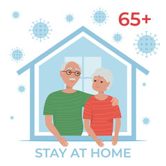 Elderly couple staying at home in self quarantine, protection from virus. Stay home during the coronavirus epidemic. Coronavirus outbreak concept. Vector illustration in flat style