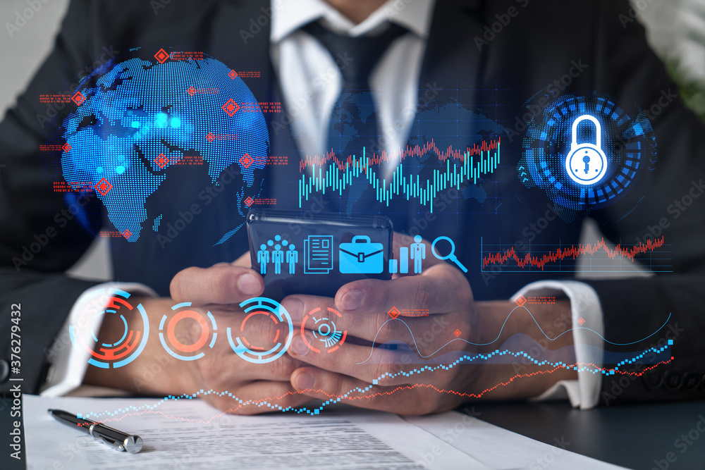 Poster businessman search and analyze using on-line app on phone. research and development hologram.