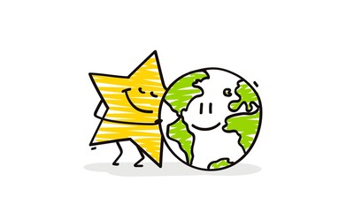Doodle stick figures: Funny star hugs a planet earth that smiles.