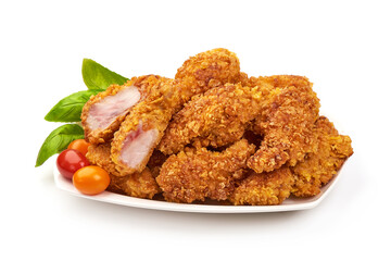 Fried chicken strips in breadcrumbs, isolated on white background