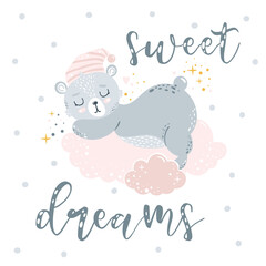 Cute little bear sleeping on clouds. Sweet dreams. Childish print. Can be used for poster, card, t-shirt, clothing, baby shower celebration etc.  Pastel colors, adorable wild animal. Nursery poster.