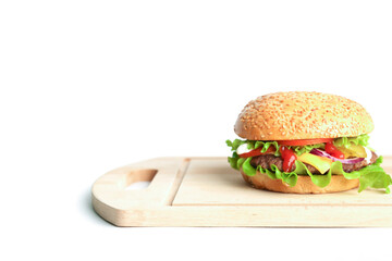 classic burger on white background with copy space