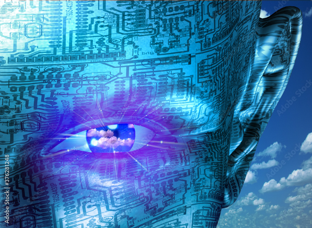 Poster technology human. wonam face with electronic circuit background. 3d rendering