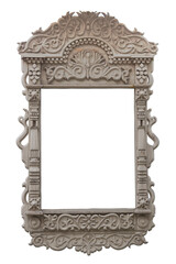 Elegant windows of a wooden house, beautiful carved platbands of handmade windows on a white background. Russian traditional national folk style in wooden architecture.