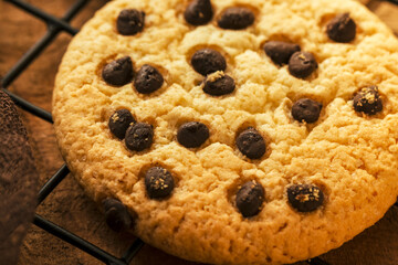 Delicious Fresh Chocolate Chip cookies with chocolate on a Cooling Rack, Close up