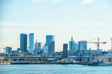 Panoramic view of Tallinn city. modern buildings fron sea view.