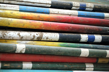 Group of colorful equestrian obstacles in row