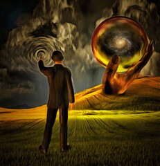 Surreal painting. Man in suit causes ripple in the sky. Giant hand holds sphere with galaxy inside. 3D rendering