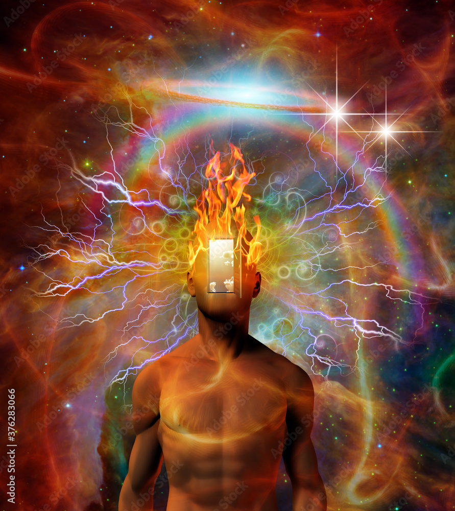 Poster man with burning head in cosmic space. 3d rendering