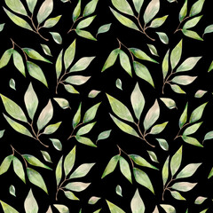 Watercolor illustration. Seamless pattern from elements of flora, greenery, laurel branches and leaves.