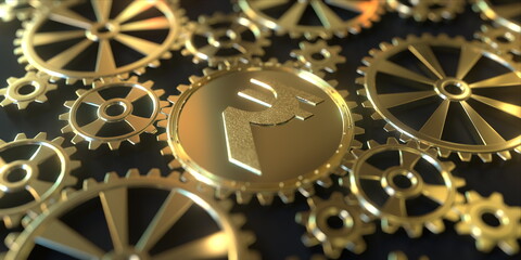 Rupee sign on a golden gear or cog, conceptual financial 3D rendering