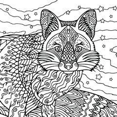 Fox portrait hand drawn illustration. Coloring book page for adult. Wildlife animal. Doodle, patterns, zentangle elements for anti stress.