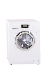 White Front Load Washing Machine Isolated on White Background. Household and Domestic Appliance