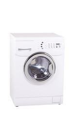 White Front Load Washing Machine Isolated on White Background. Household and Domestic Appliance